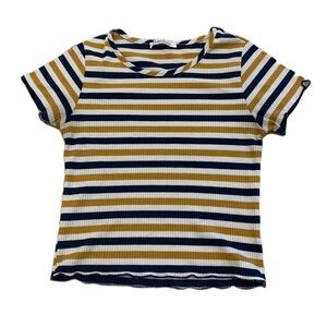 Stardust Striped Ribbed Cropped T-Shirt - Gold/Navy/White - Size Small